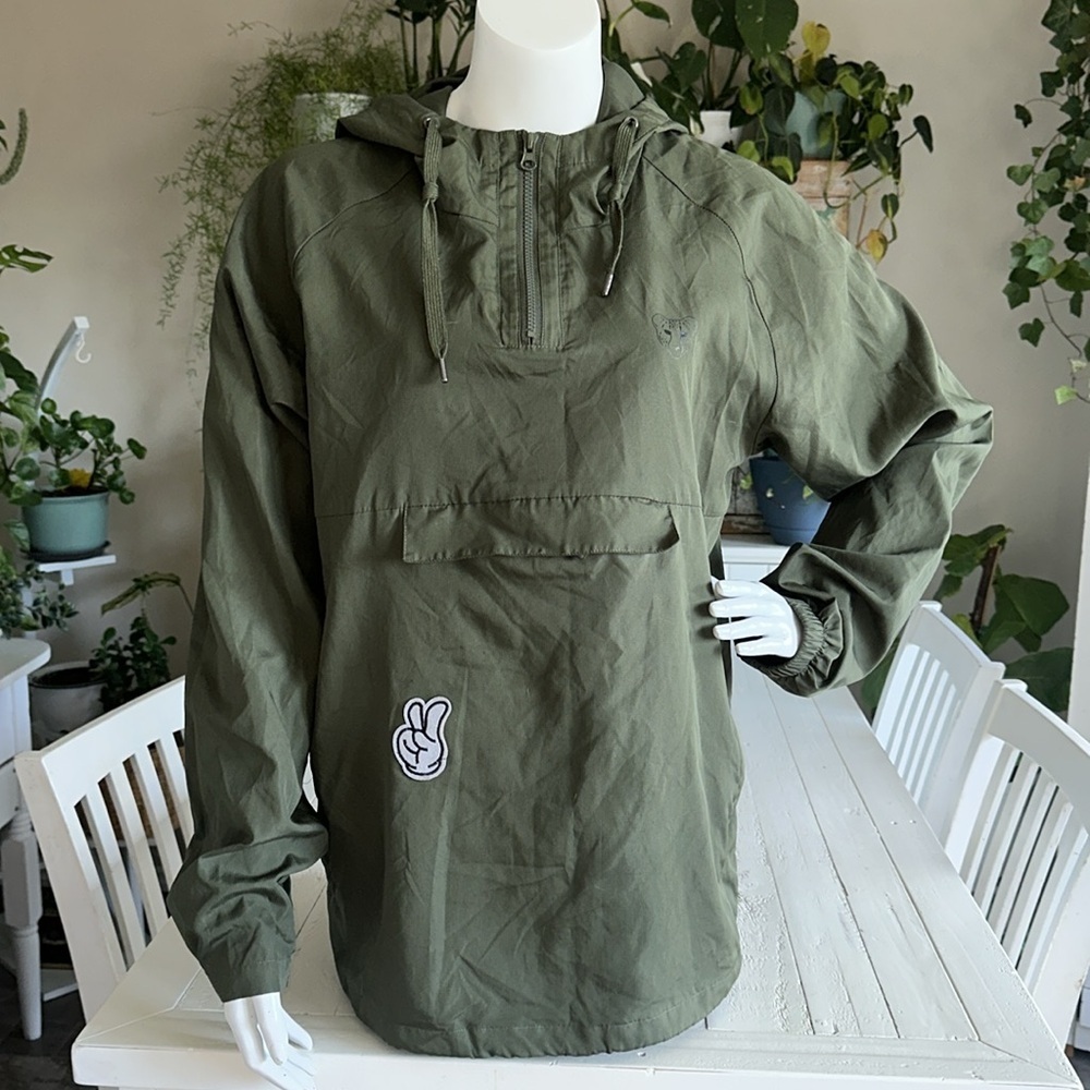 Ascolor Windbreaker Army Green kangaroo coat Hooded hacket folds to Fanny pack